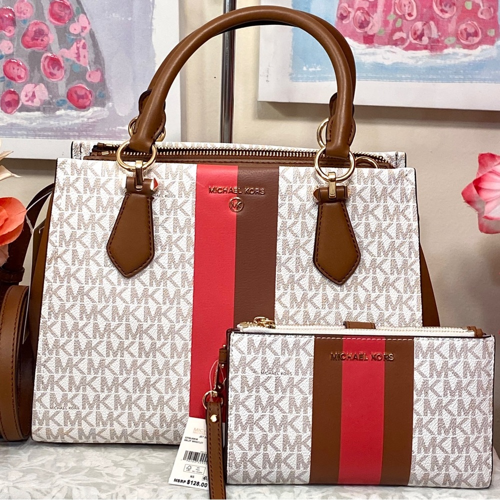 NWT Michael Kors Marilyn satchel and nwt wallet set. Dahlia and luggage
